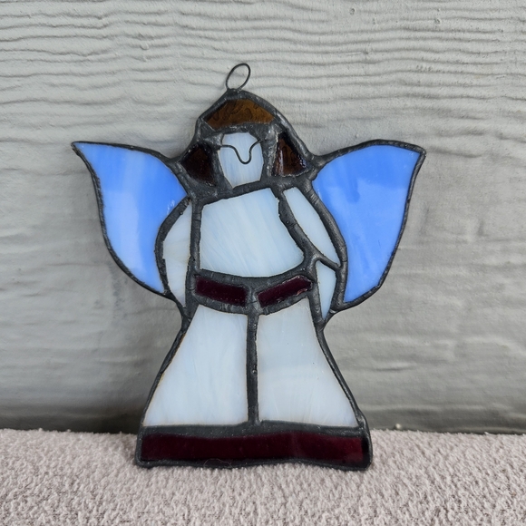 Stained Glass Angel Suncatcher Hanging Blue White Metal 3.5" Handcrafted - Picture 1 of 10